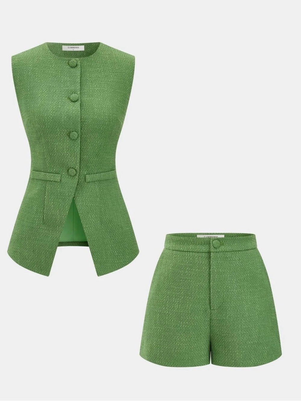 Commense Green Tweed Sleeveless Vest & High-Waist Shorts Set